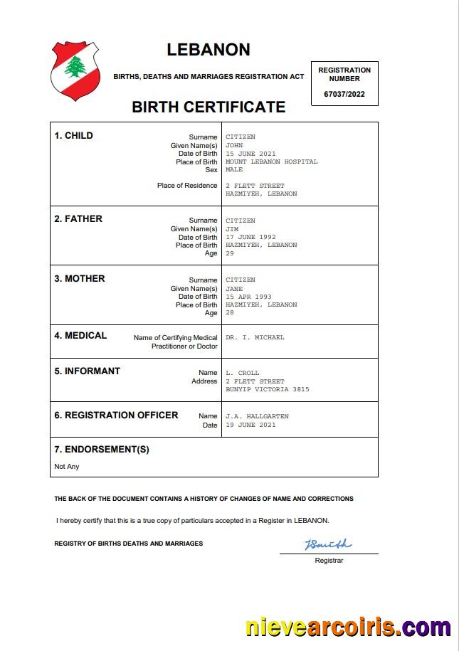 Lebanon vital record birth certificate